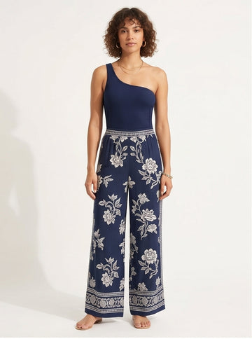 Navy Printed Wide-Leg Palazzo Pants Resort Pool Fashion