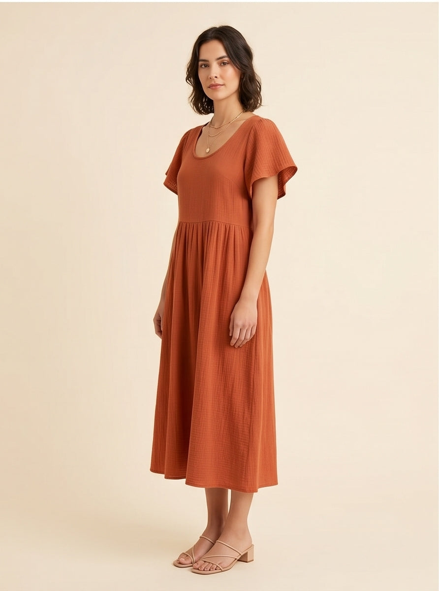 Burnt Orange Flutter-Sleeve Crinkle Midi Dress