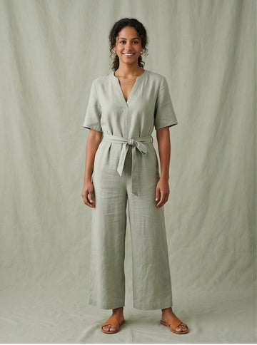 Sage Green Linen Wide-Leg Jumpsuit