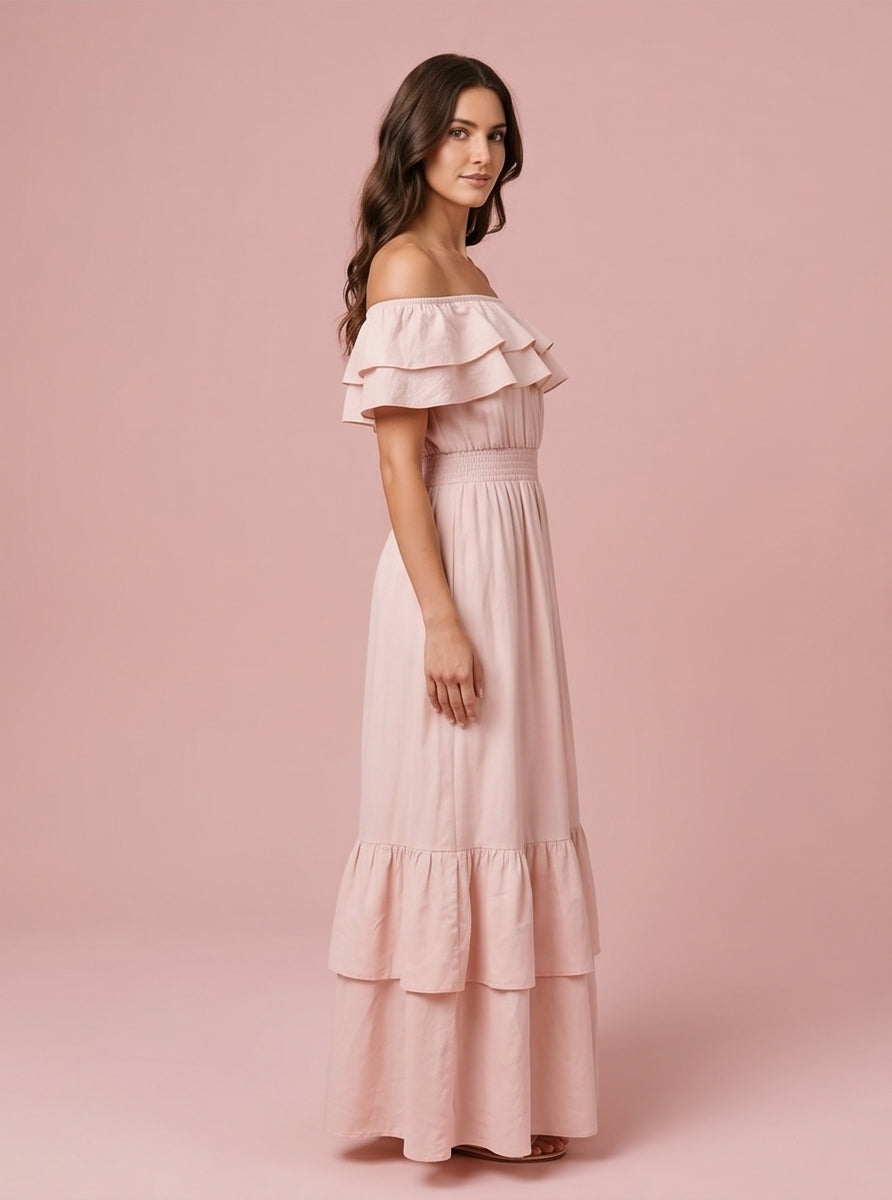 Blush Pink Off-Shoulder Ruffle Dress