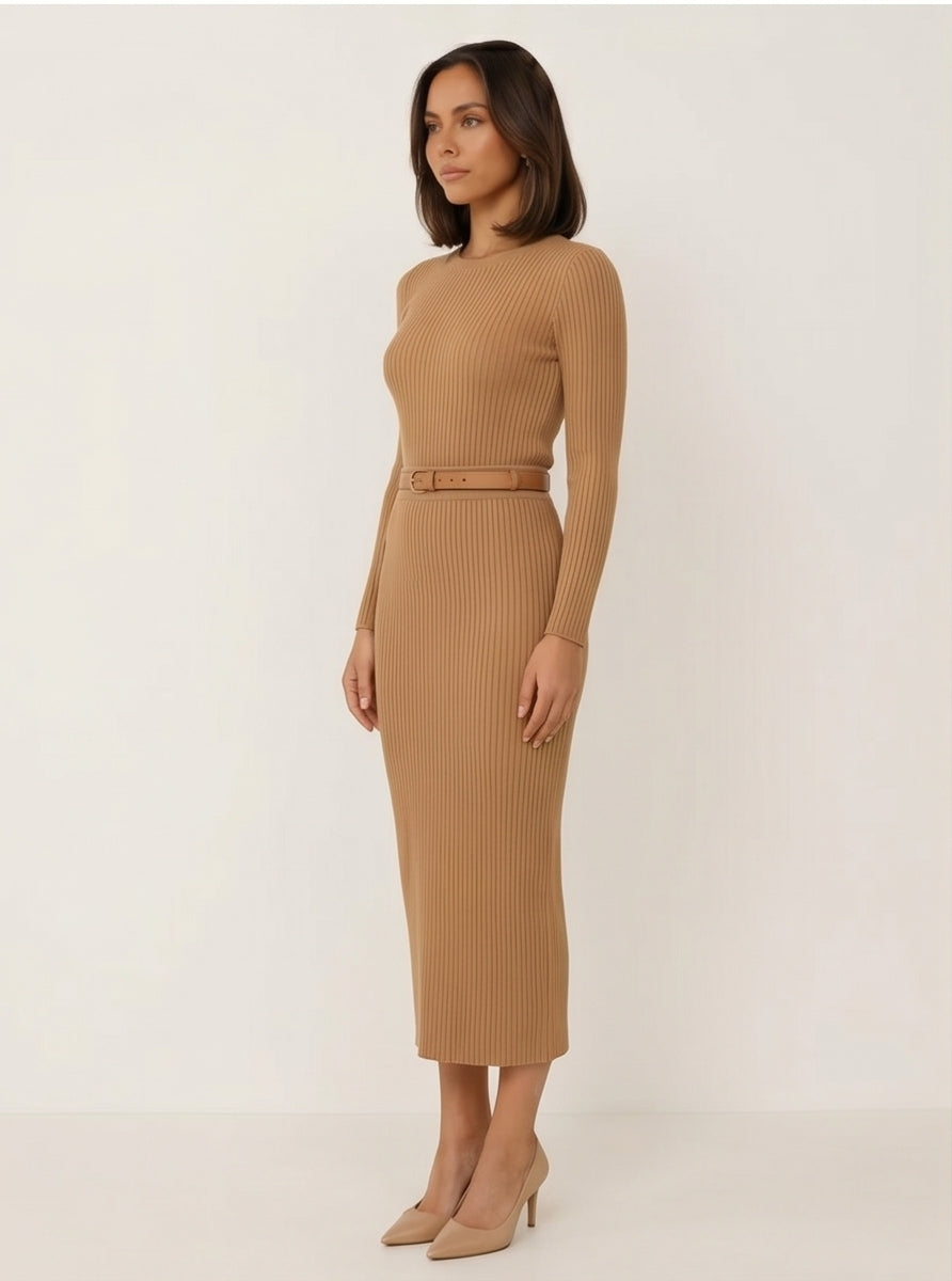 Ribbed Knit Midi Skirt in Camel
