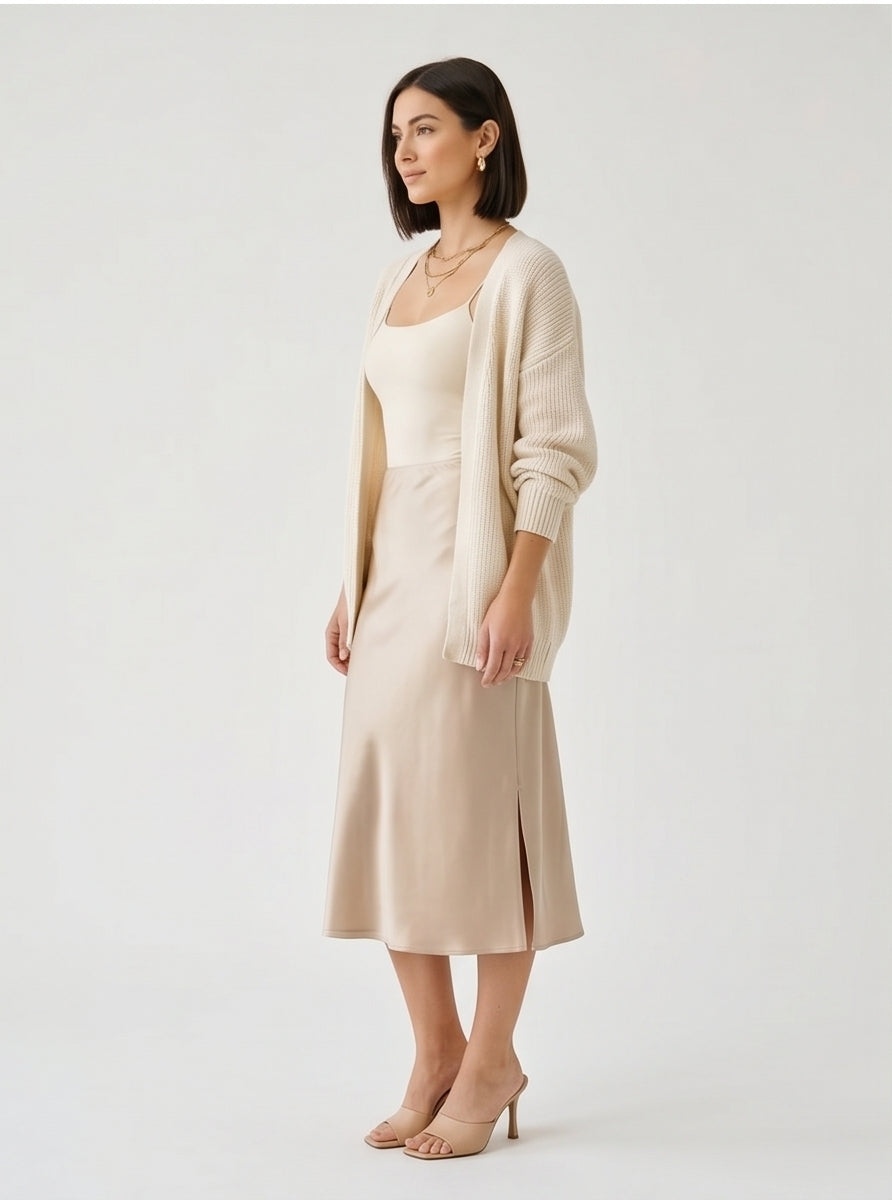 Bias-Cut Satin Midi Slip Skirt in Champagne