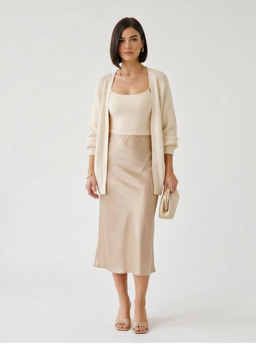 Bias-Cut Satin Midi Slip Skirt in Champagne