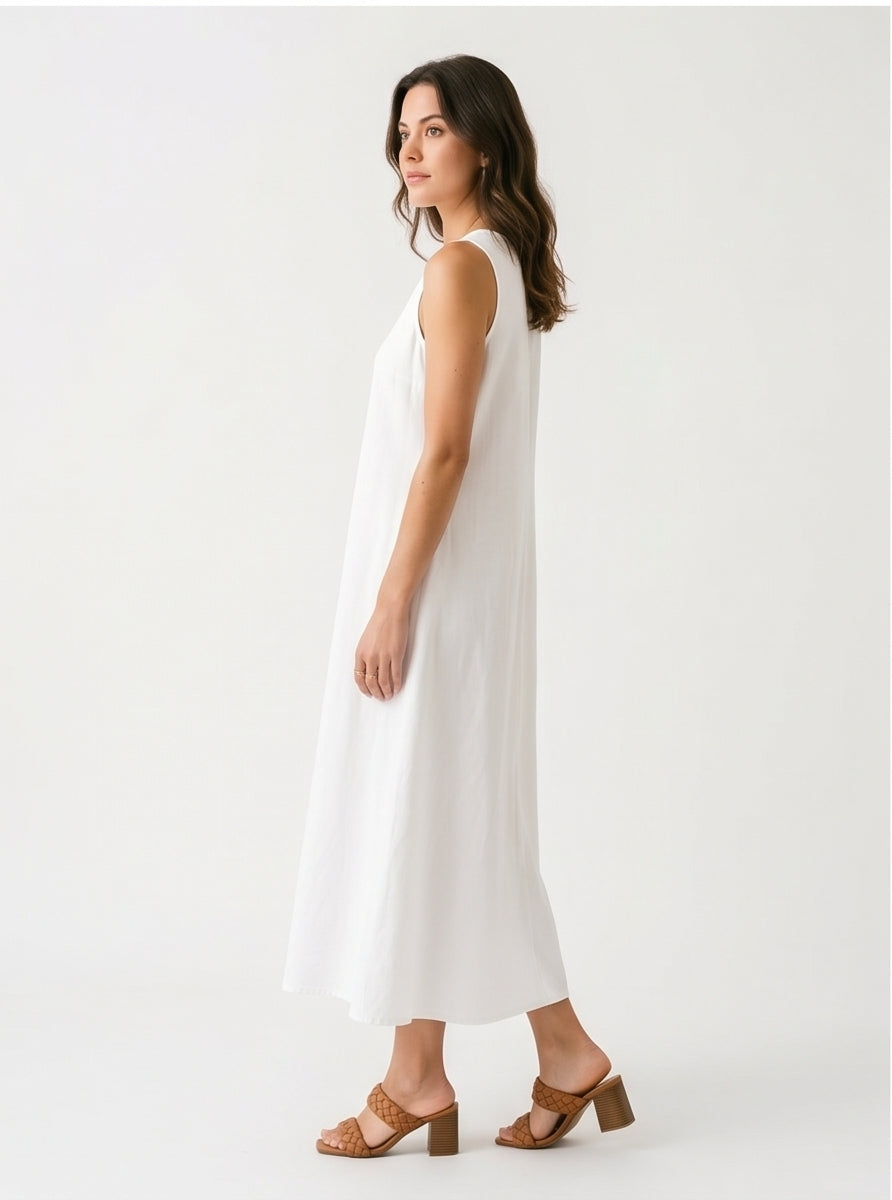 White Sleeveless A-Line Midi Dress