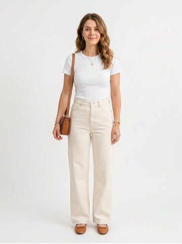 High-Waist Wide-Leg Cream Jeans
