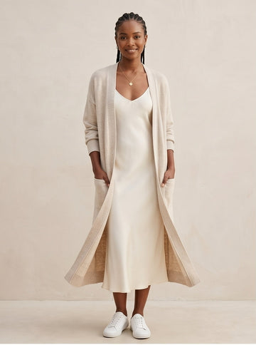 Long-Line Open-Front Knit Cardigan in Oatmeal