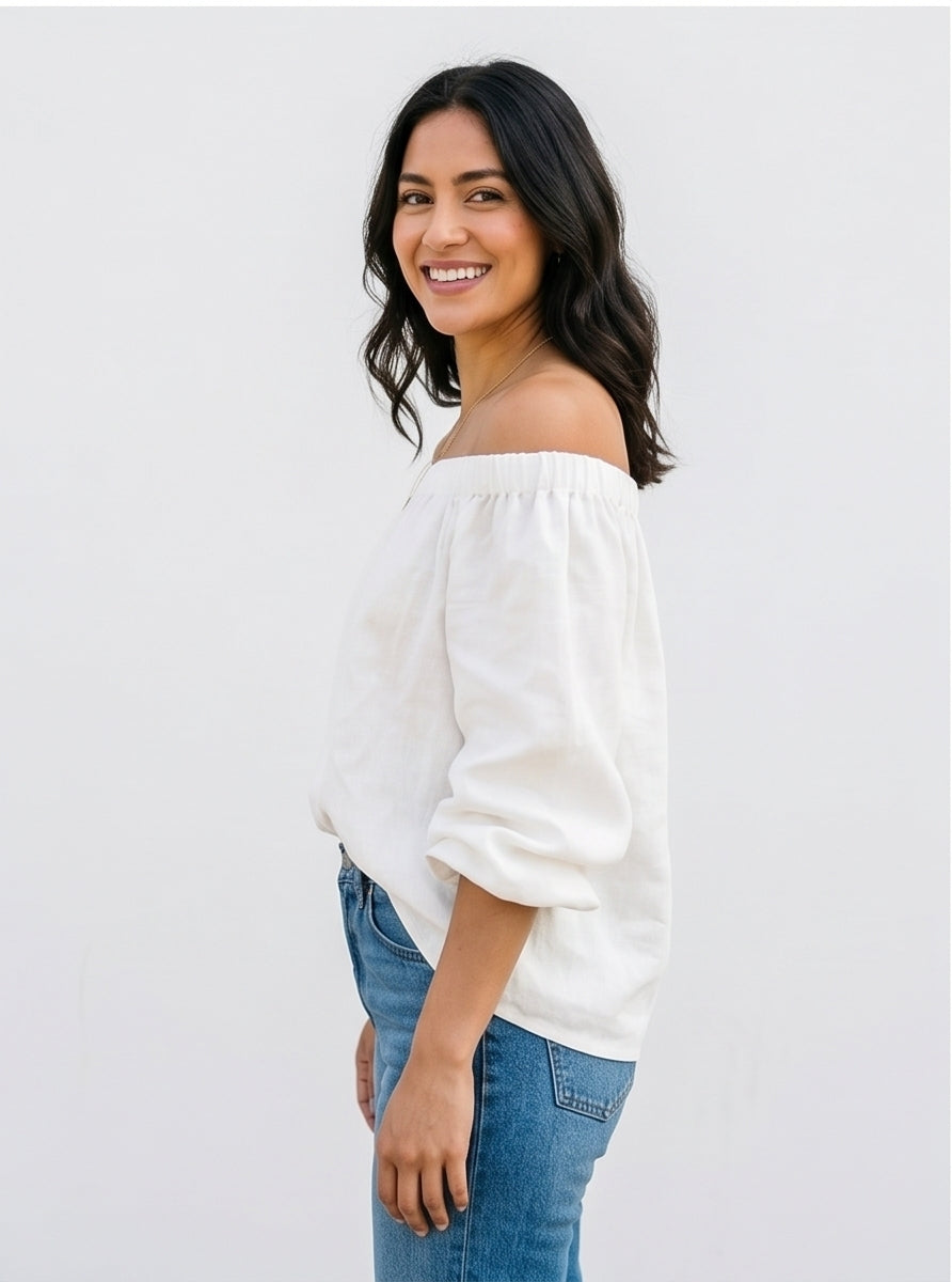 Off-The-Shoulder Linen Top in White