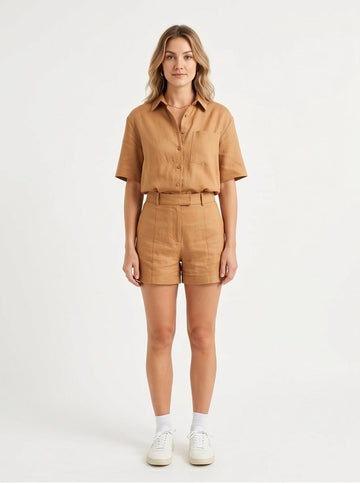 Tailored High-Waist Linen Shorts in Biscuit