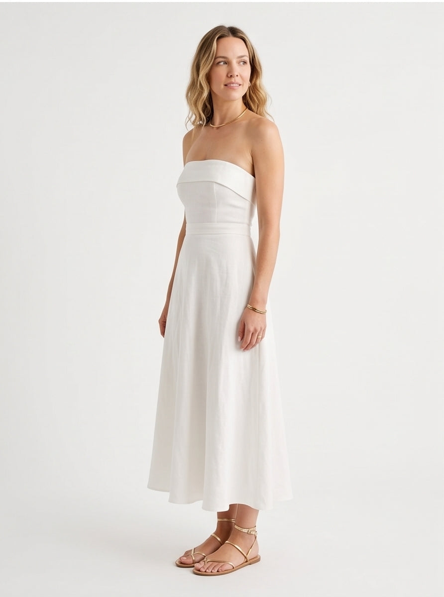 Strapless Linen Midi Dress in White Effortless Summer Elegance