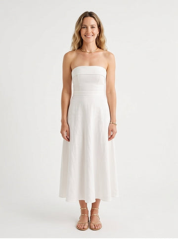 Strapless Linen Midi Dress in White Effortless Summer Elegance