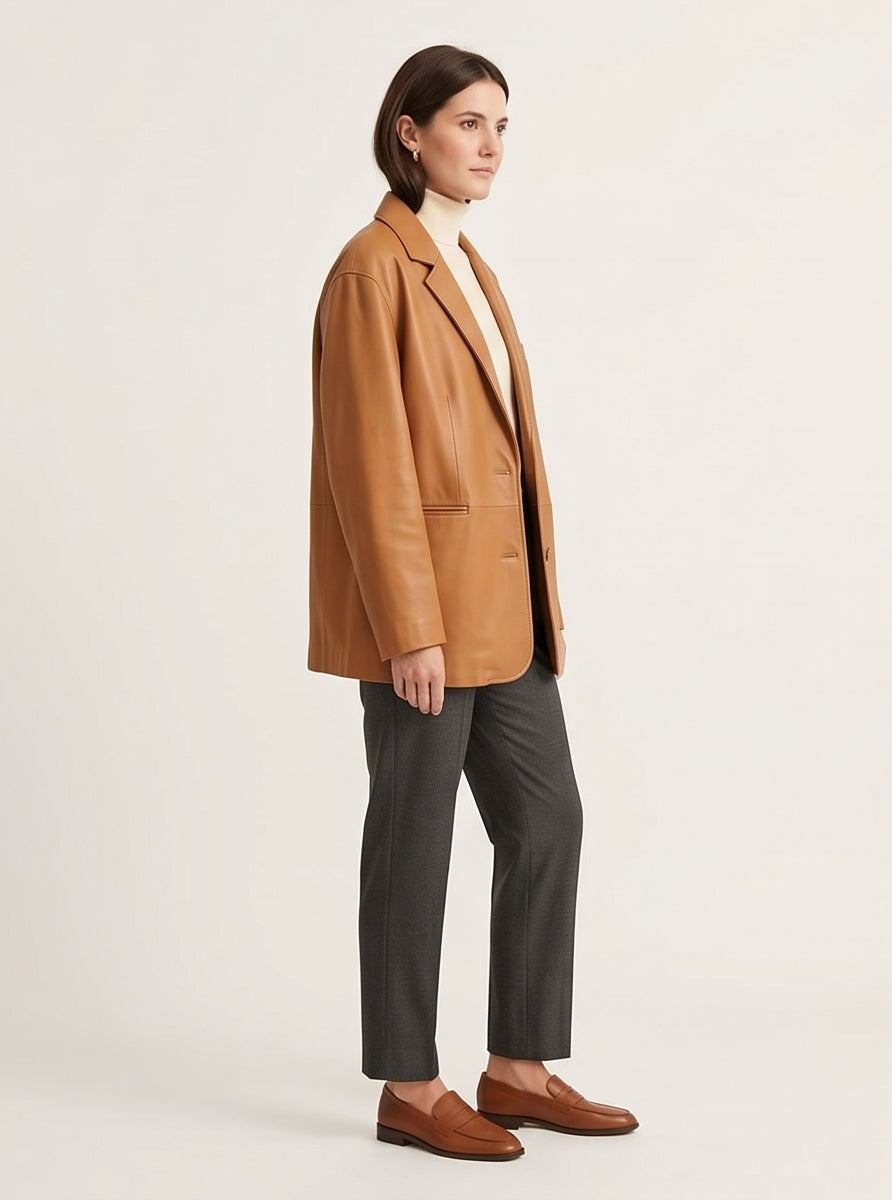 Oversized Camel Leather Jacket Tonal Autumn Clean Girl Essential