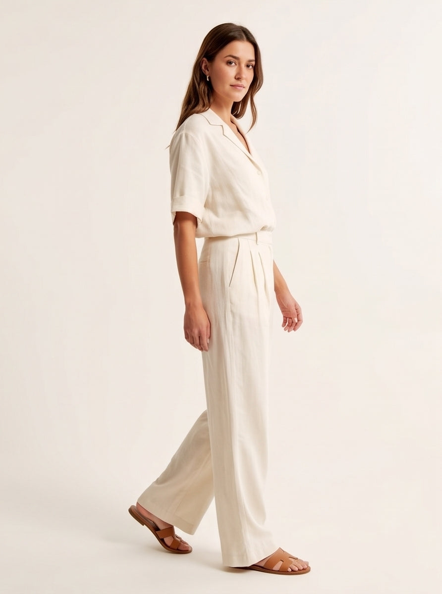 Ivory Wide-Leg Linen Trouser Set