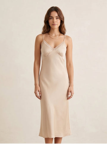 Champagne Satin Bias-Cut Slip Dress