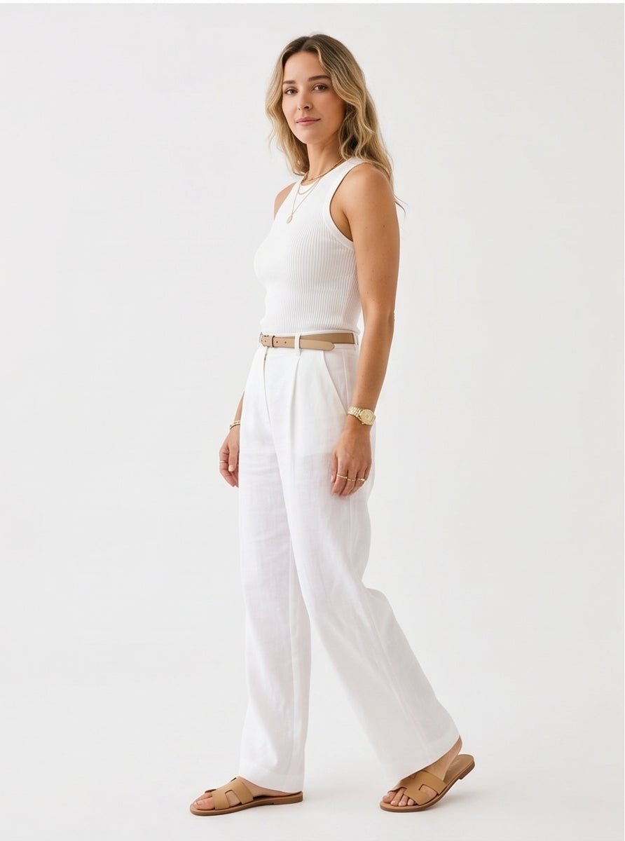 White Wide-Leg Linen Trousers