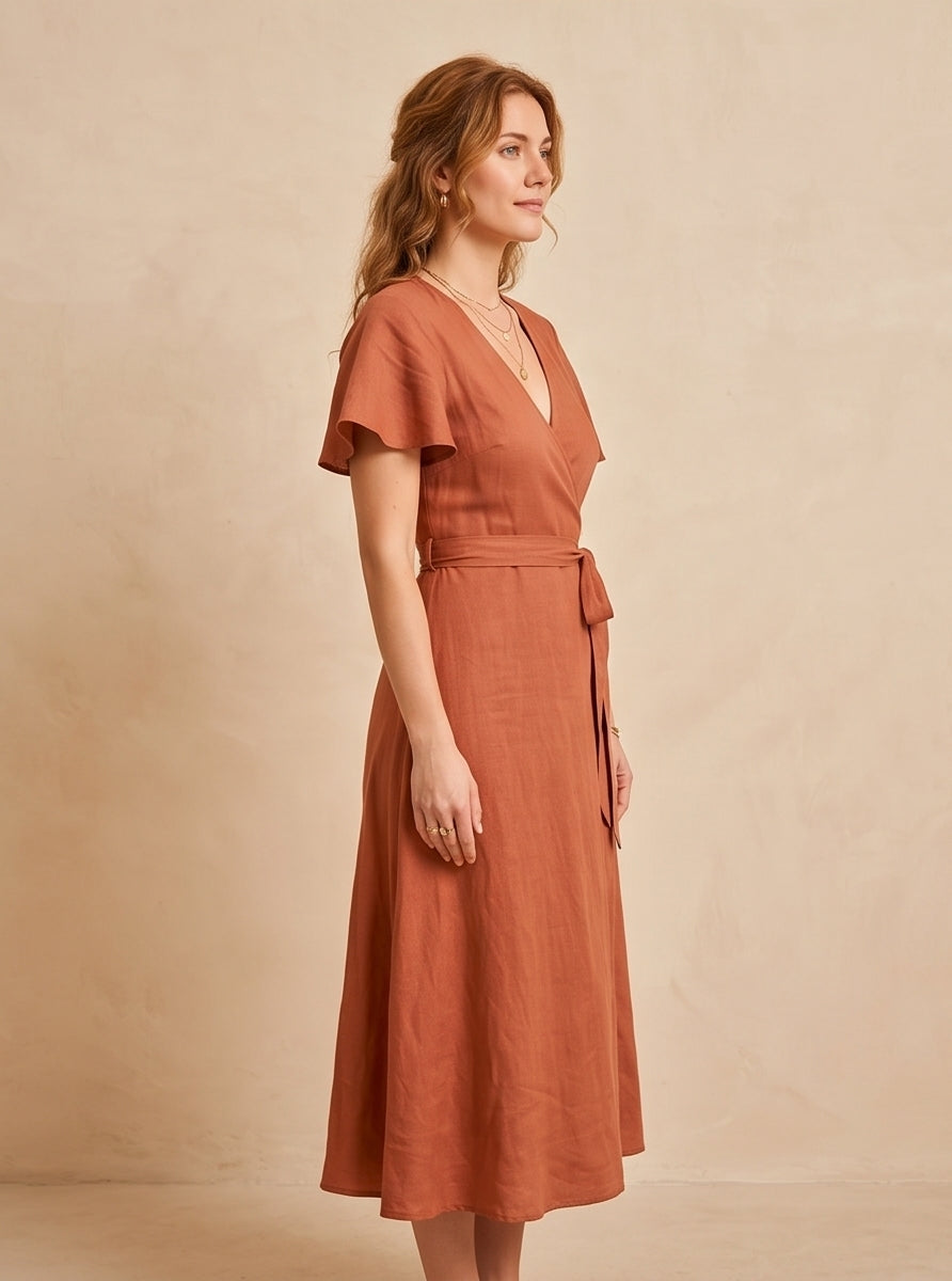 Terracotta Flutter-Sleeve Midi Wrap Dress