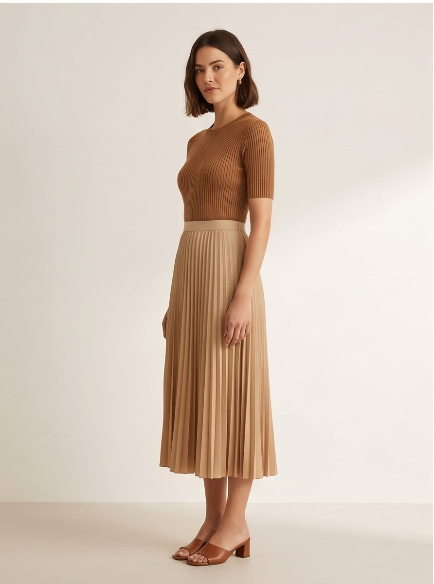 Sand Pleated Fluid Midi Skirt