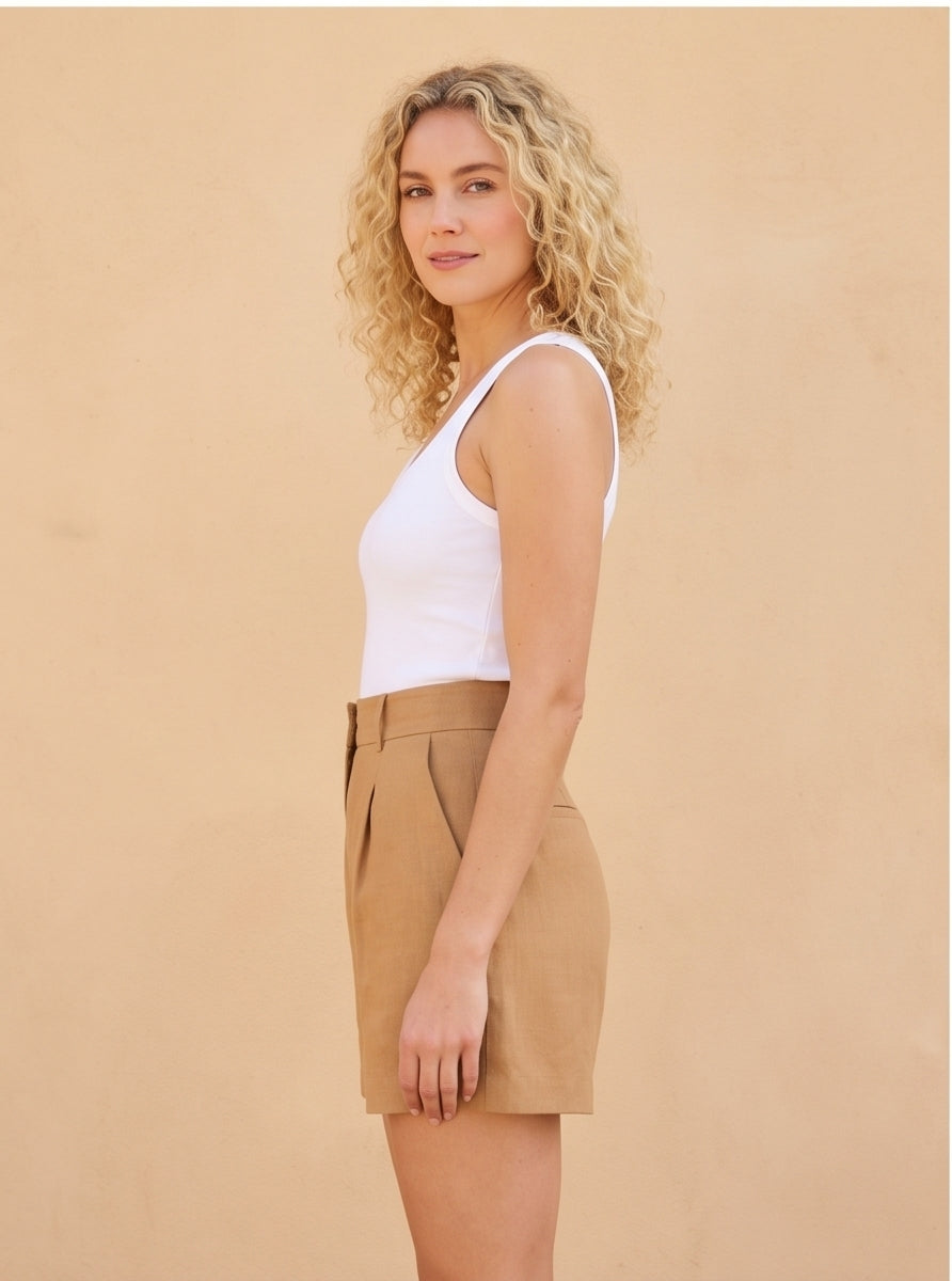 Camel Tailored High-Waist Linen Shorts Summer Holiday