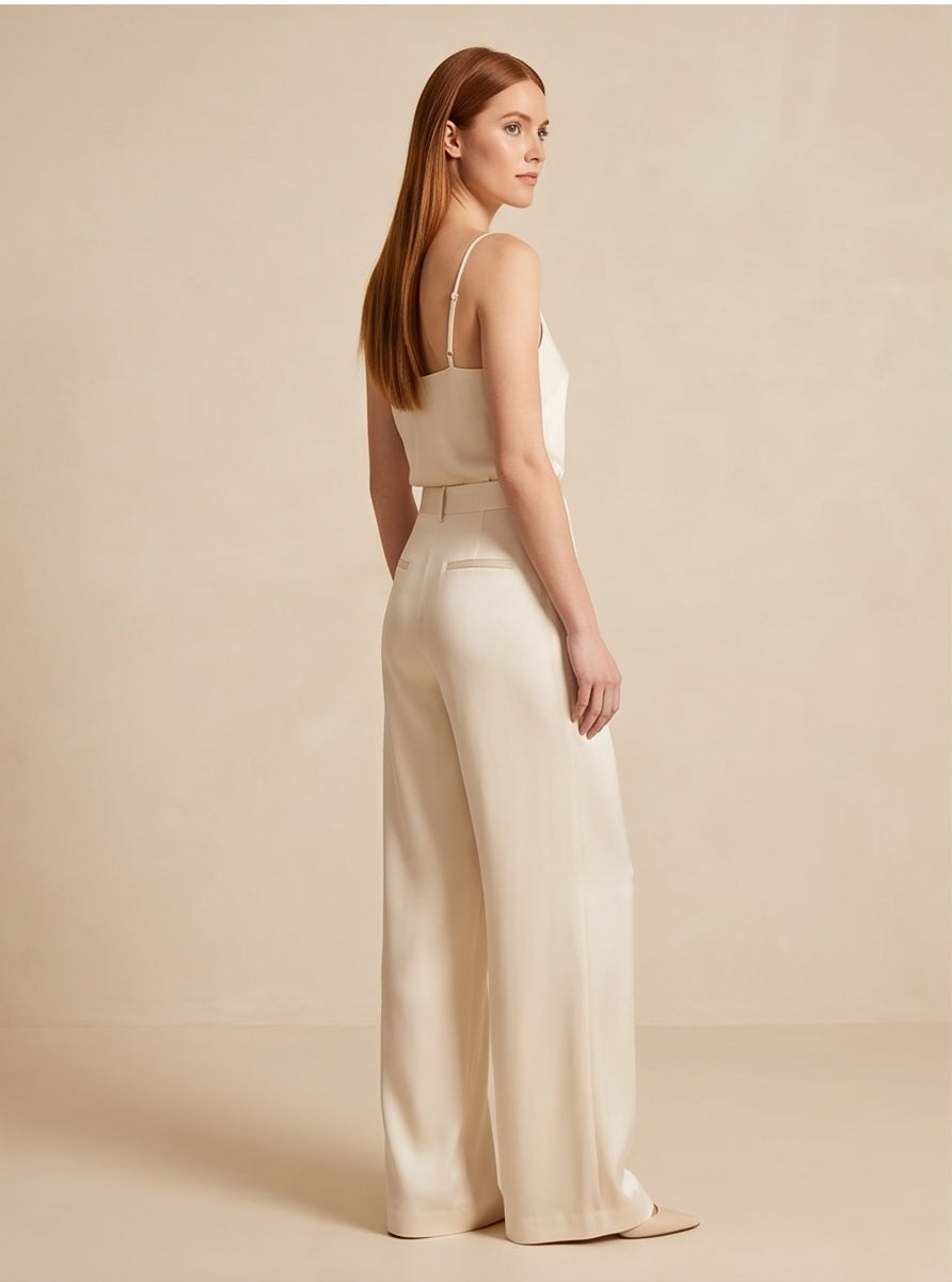 Cream Wide-Leg Silk Trousers