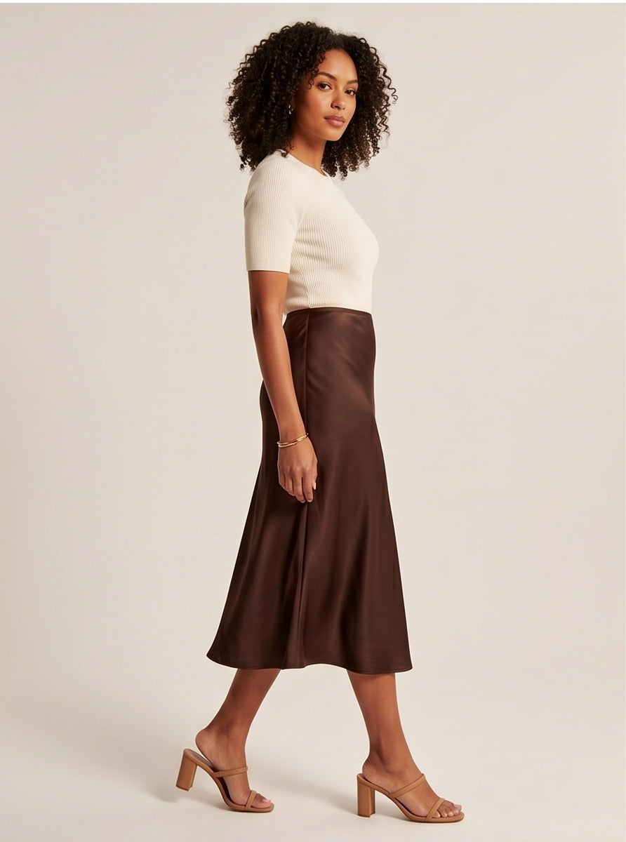 Satin Midi Skirt in Chocolate Brown