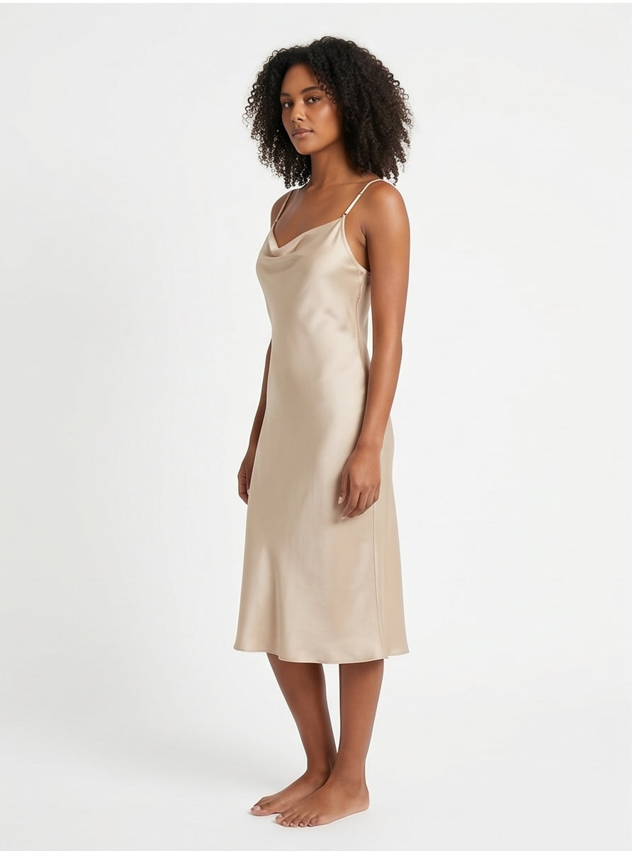 Champagne Satin Slip Dress Cowl Neck Bias-Cut Mini Style
