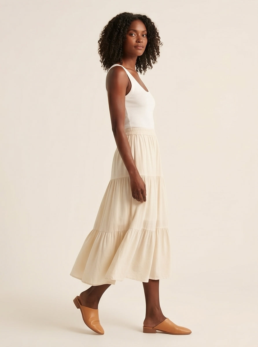 Tiered Cream Midi Skirt Flowy Boho Romantic Style