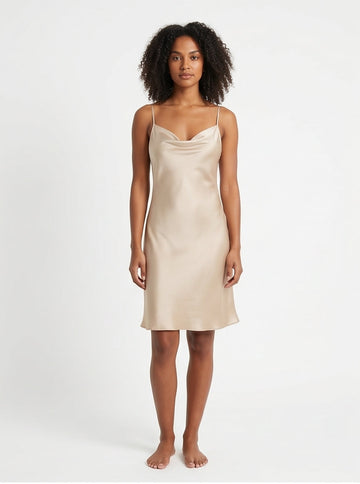 Champagne Satin Slip Dress Cowl Neck Bias-Cut Mini Style
