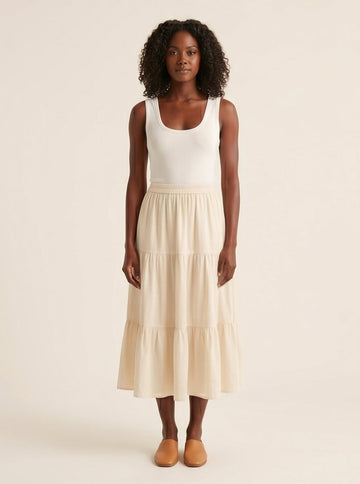 Tiered Cream Midi Skirt Flowy Boho Romantic Style
