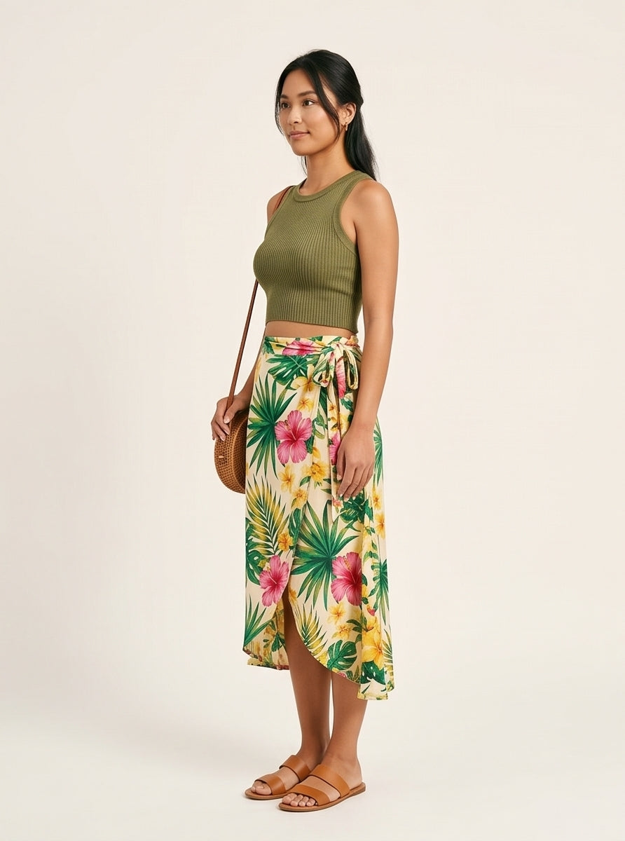 Tropical Print Wrap Midi Skirt