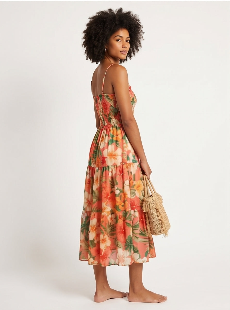 Flowy Hibiscus Print Smocked Midi Sundress