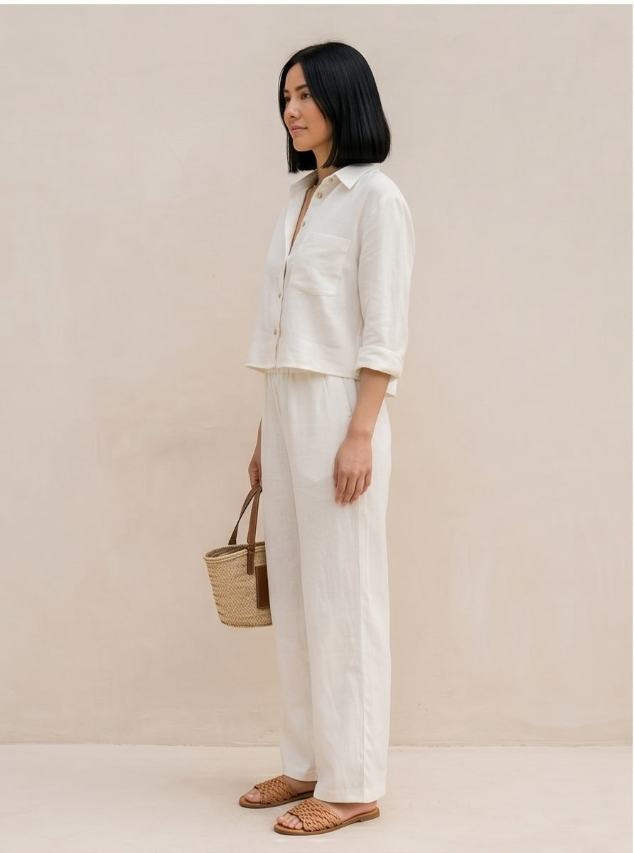 White Linen Wide-Leg Trouser & Cropped Shirt Co-Ord Set