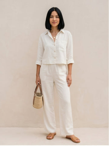 White Linen Wide-Leg Trouser & Cropped Shirt Co-Ord Set
