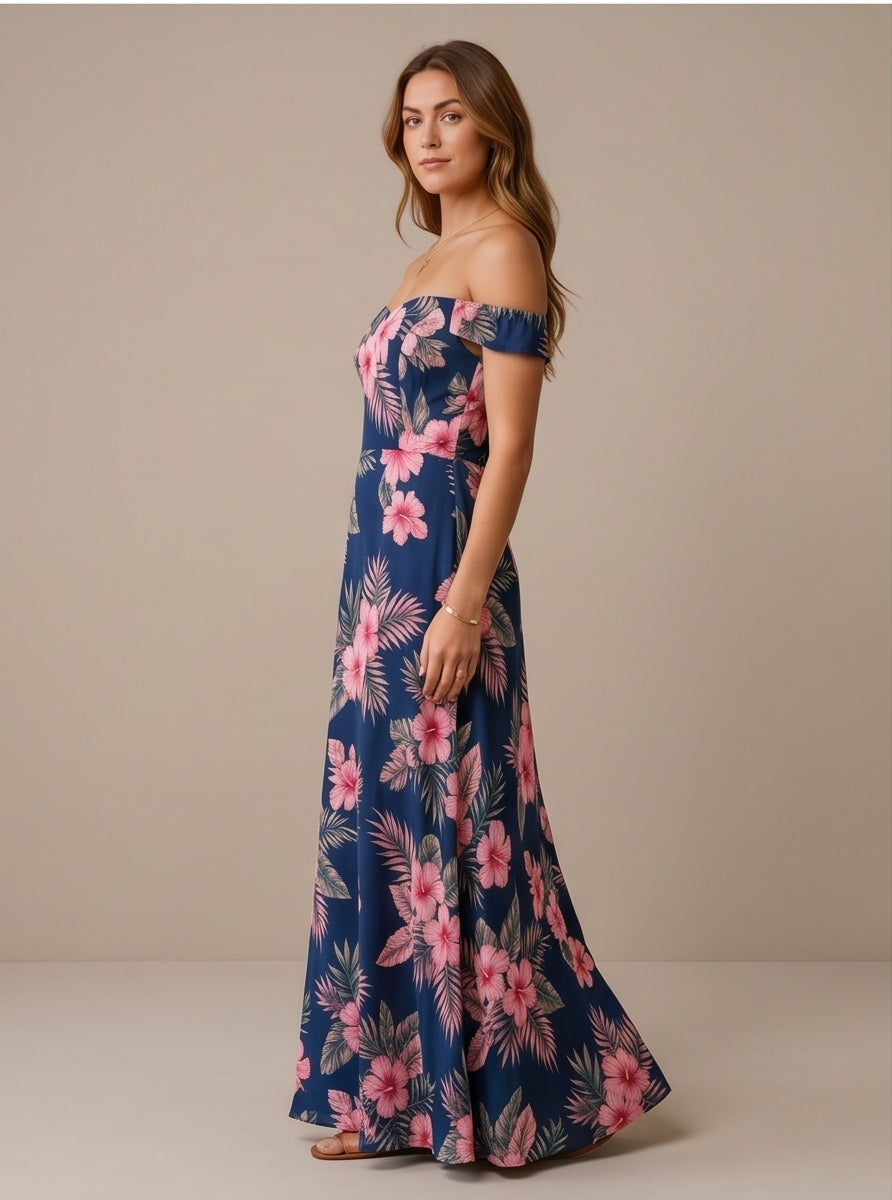 Off-Shoulder Tropical Print Maxi Dress