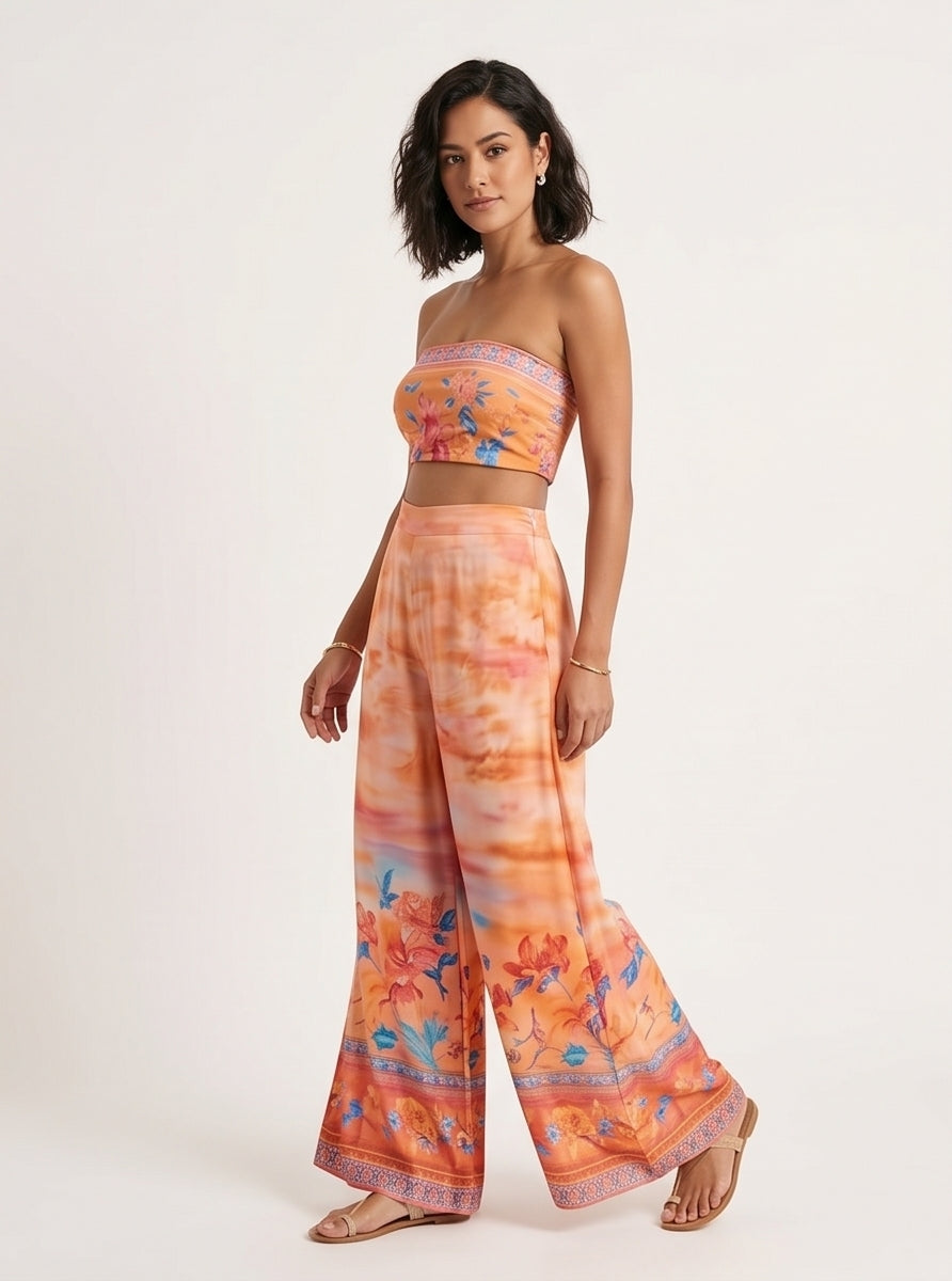 Wide-Leg Tropical Print Palazzo Pants