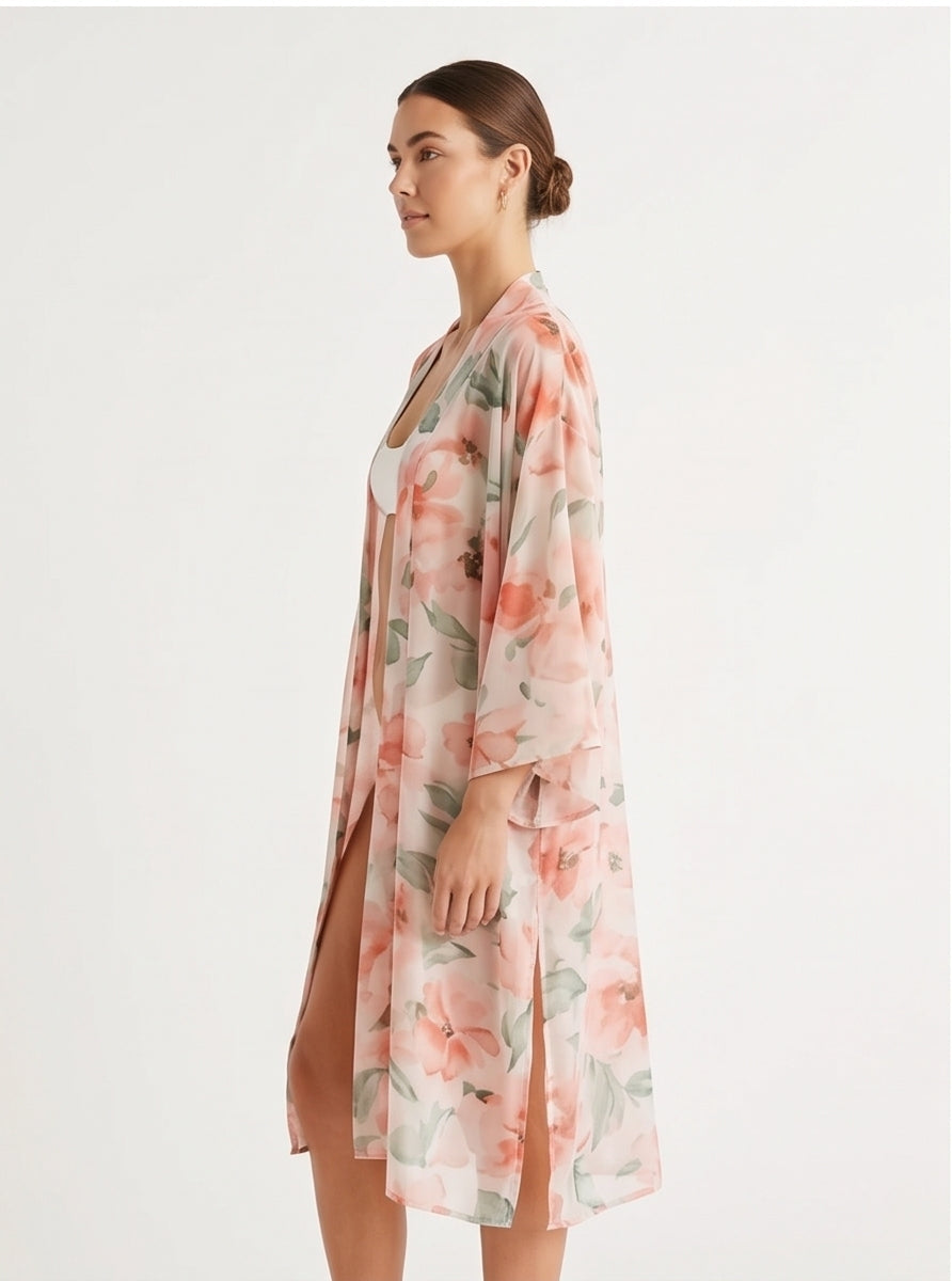 Sheer Watercolor Floral Kimono Cover-Up