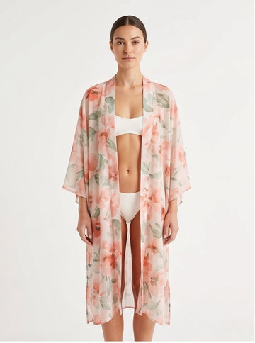 Sheer Watercolor Floral Kimono Cover-Up