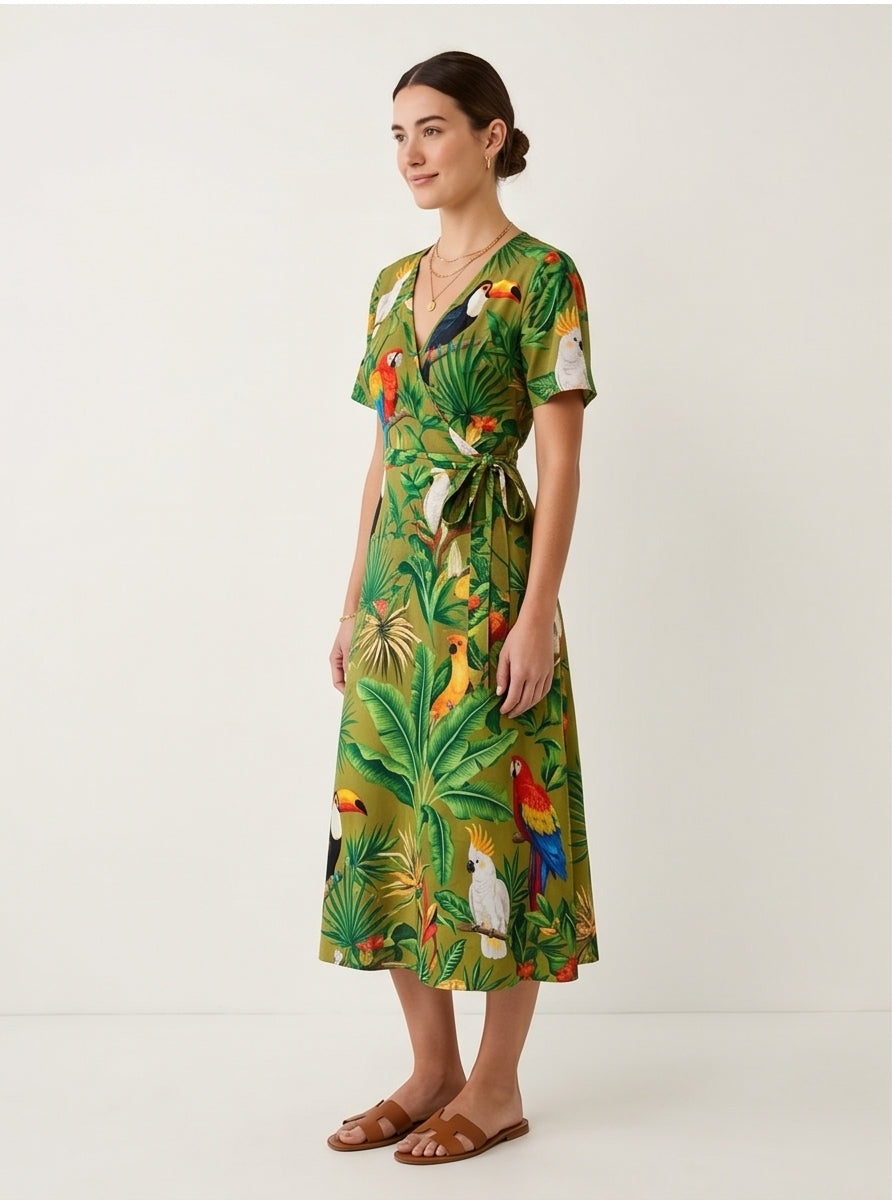 Tropical Print Midi Wrap Dress