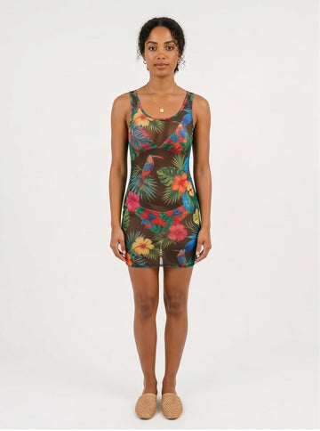 Tropical Print Sheer Mesh Mini Cover-Up Dress