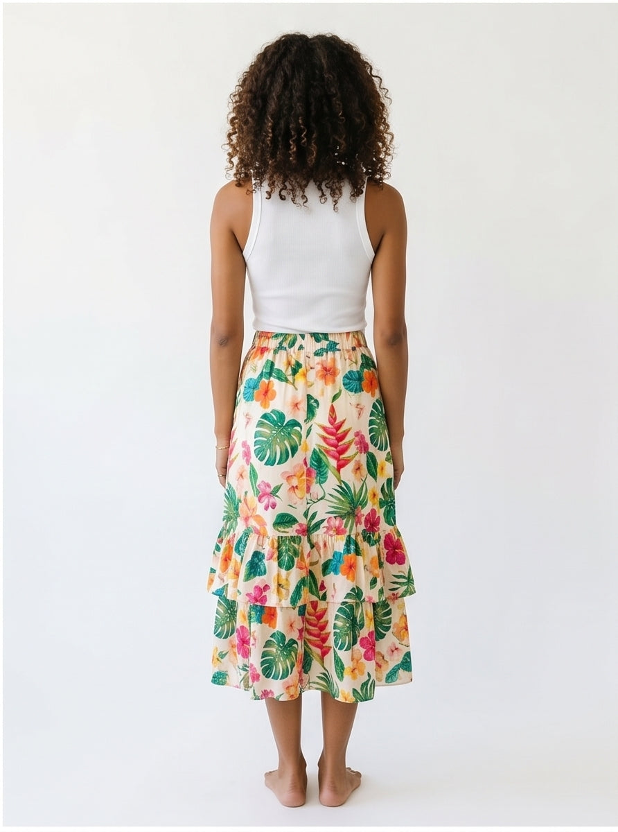 Tiered Ruffle Tropical Floral Midi Skirt
