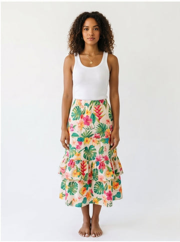 Tiered Ruffle Tropical Floral Midi Skirt