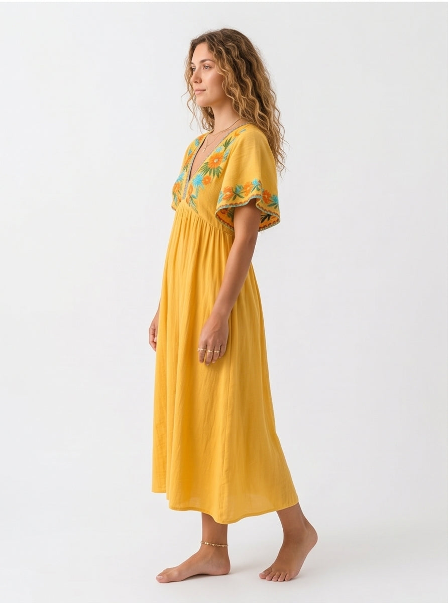 Tropical Embroidered Flowy Cotton Sundress