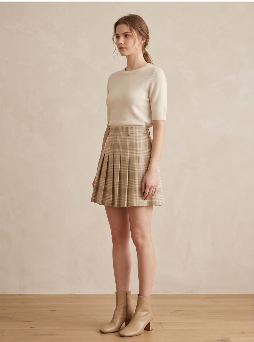 High-Waisted Plaid Mini Skirt in Beige