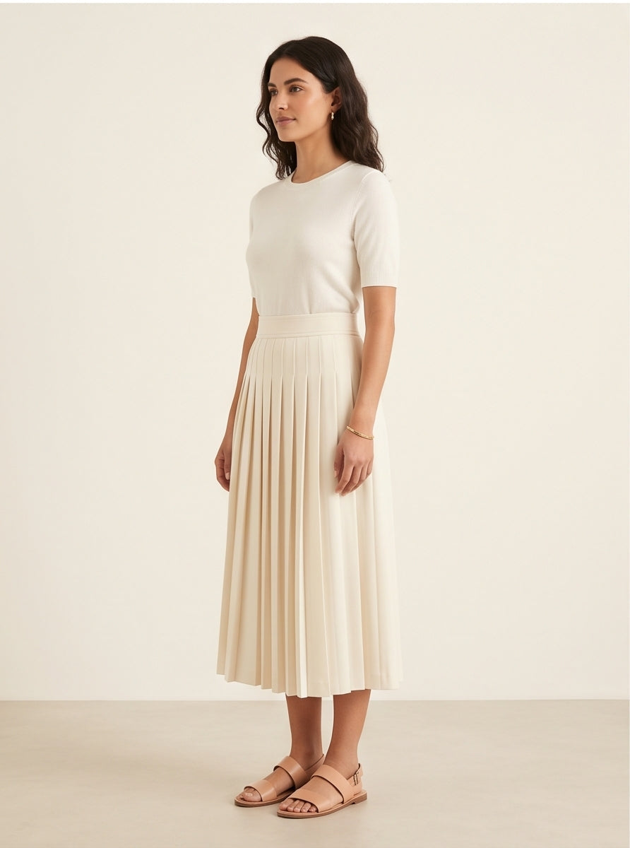 High-Waisted Pleated Ivory Midi Skirt