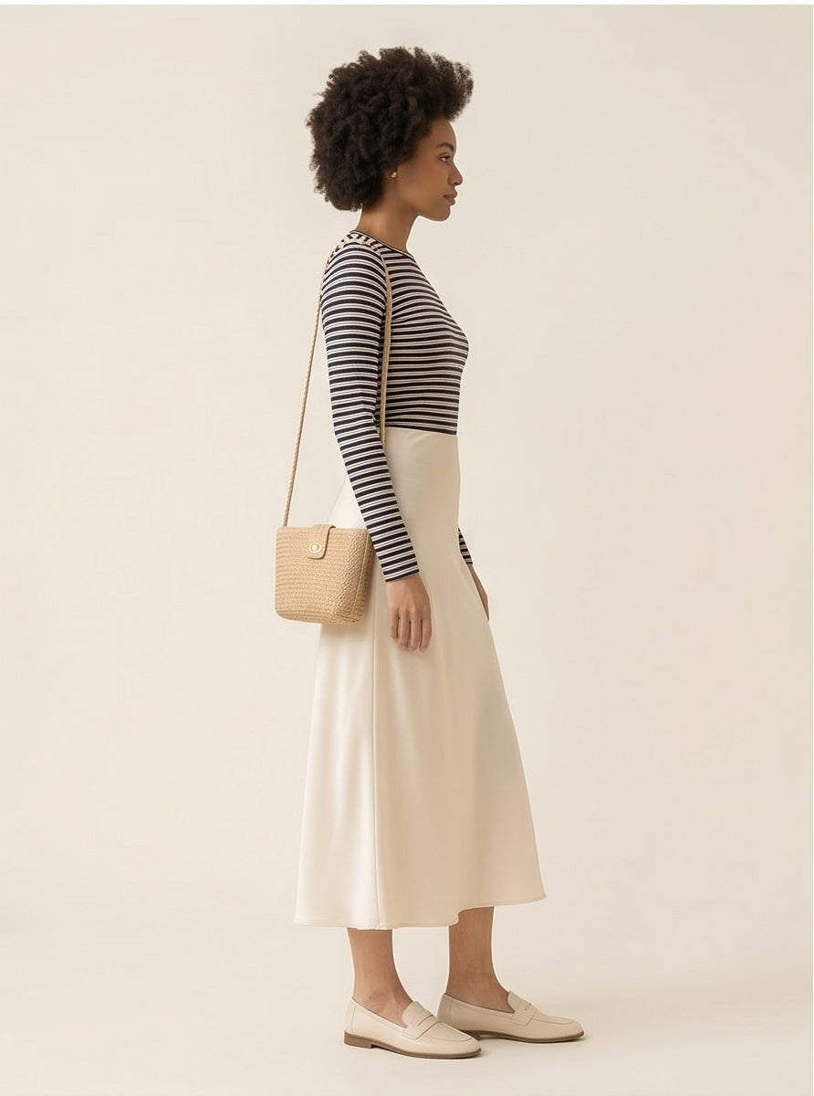 Cream Satin Bias-Cut Midi Skirt