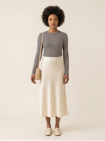 Cream Satin Bias-Cut Midi Skirt