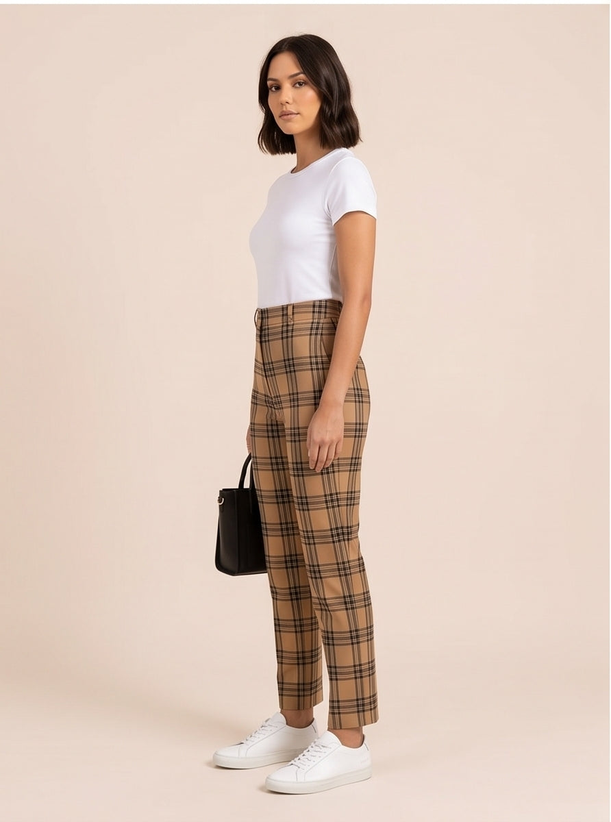 High-Waisted Camel Plaid Straight-Leg Trousers