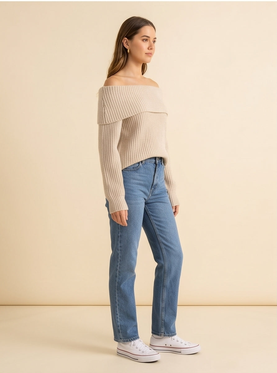 Off-Shoulder Ribbed Knit Top in Oatmeal