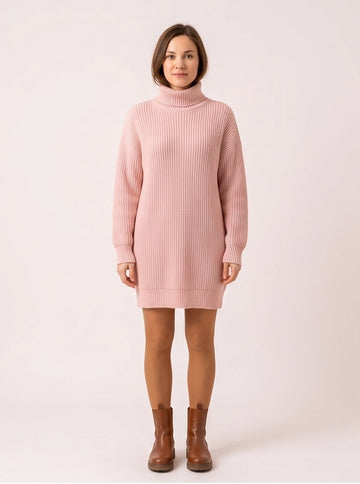 Pastel Pink Ribbed Knit Sweater Dress