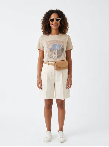 High-Waisted Tailored Cream Wide-Leg Shorts