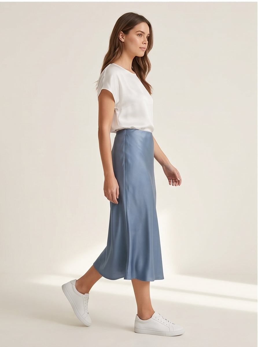 Dusty Blue Satin Slip Midi Skirt