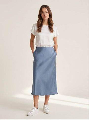 Dusty Blue Satin Slip Midi Skirt